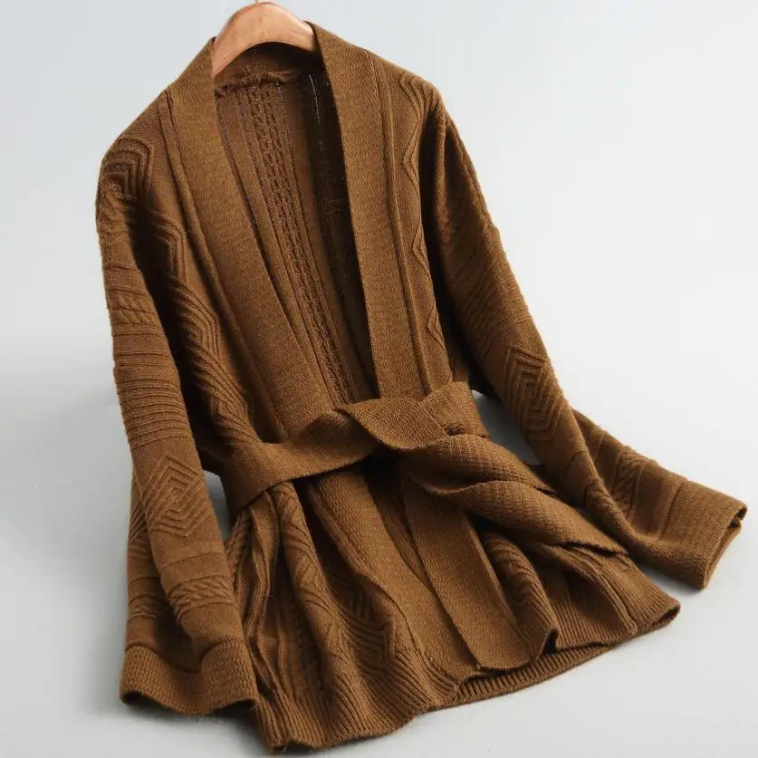 Knitted cardigan Women fashion warm winter oversize sweater v-neck belted loose coat |