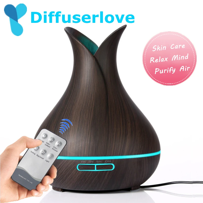 Diffuserlove 400 мл древесины увлажнитель воздуха Дистанционное Управление бытовой диффузор для эфирных масел, 7 цветов меняющийся светодиодный ночной Светильник
