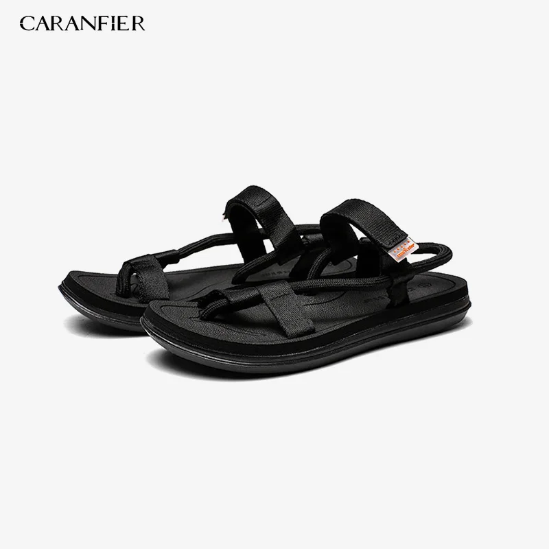 CARANFIER/Новинка года; летняя пляжная обувь; мужские повседневные сандалии-гладиаторы; римские сандалии; Мужская обувь; вьетнамки на плоской подошве без застежки для взрослых - Цвет: Черный