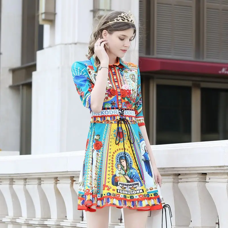 Весеннее Новое модное национальное платье с отложным воротником и пятиточечными