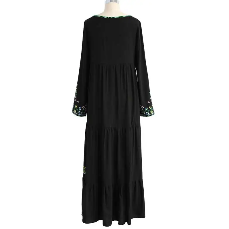 BOHO вдохновленный черный зимнее платье цветочной вышивкой женские макси платья