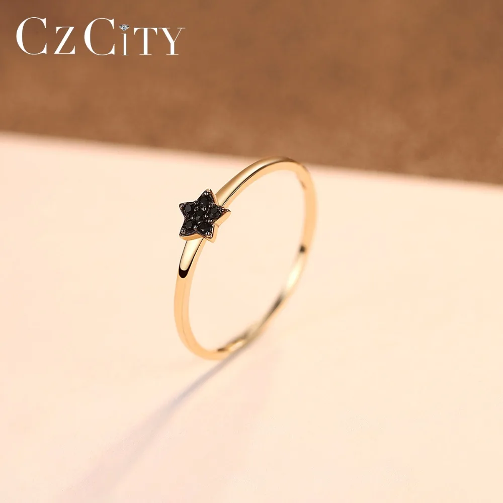 CZCITY, Настоящее 14 к желтое золото, черный кубический цирконий, в форме звезды, обручальные кольца, кольца для женщин, модные кольца для невесты, ювелирные изделия