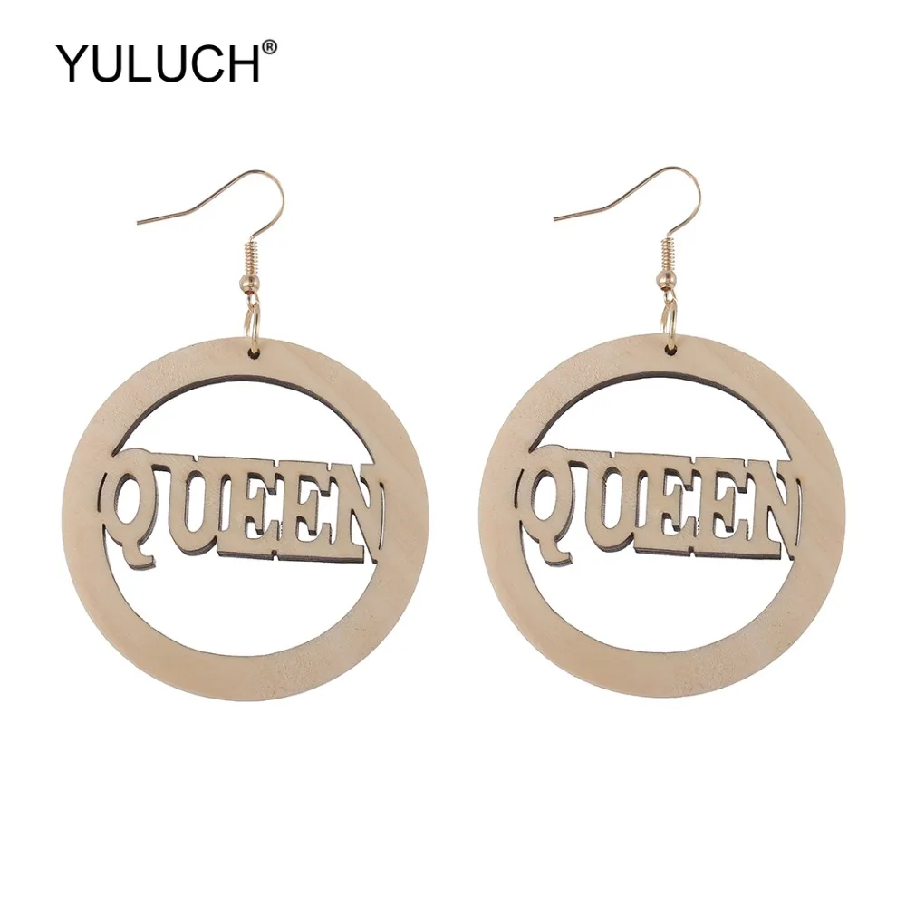 YULUCH 2019 этнические большие круглые деревянные серьги-подвески с буквенной и Queen