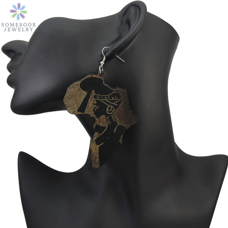 

SOMESOOR Engraved African Map Retro Unfinished Wood Drop Earrings Black Queen Afrocentric Ethnic Pendant Jewelry Lady Gift 1pair