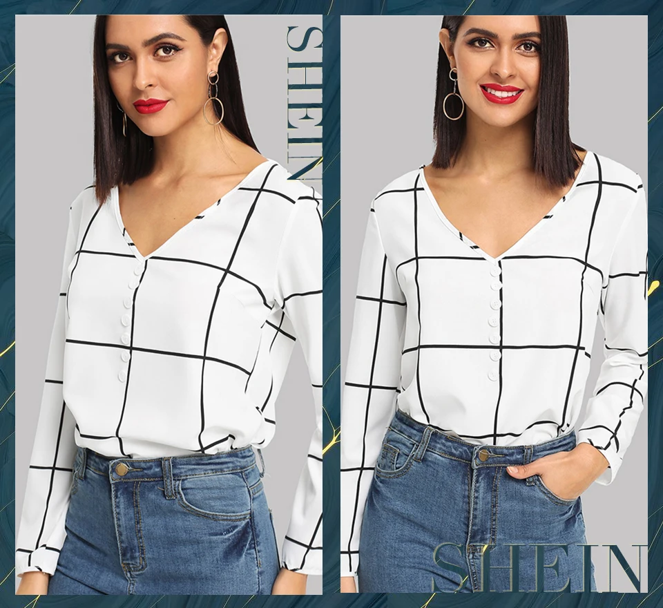 SHEIN Black And White Office Lady Elegant Button Front V-Neck Long Sleeve Plaid Blouse Autumn Workwear Women Tops And Blouses