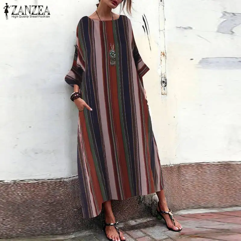 ZANZEA женское платье макси размера плюс длинное Vestidos женское платье с принтом s богемное платье в полоску летний сарафан платье для пляжной вечеринки