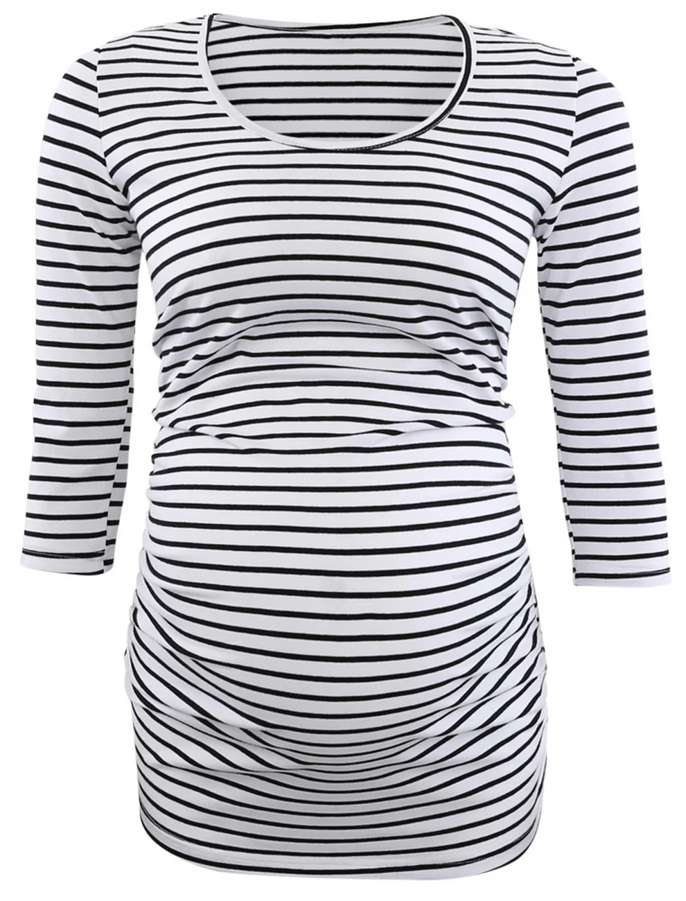 

Maternity Clothes Stripes Pregnant Tunic Tops Flattering Side Ruching Pregnancy 3/4 Sleeve Scoop Neck Jersey Top T-Shirt