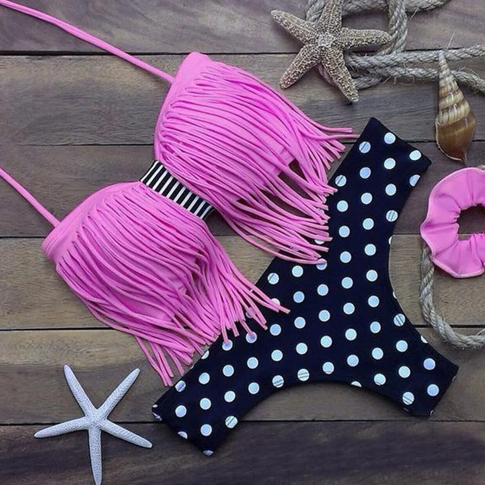 Сексуальный купальник в горошек с кисточками женские бикини купальные костюмы