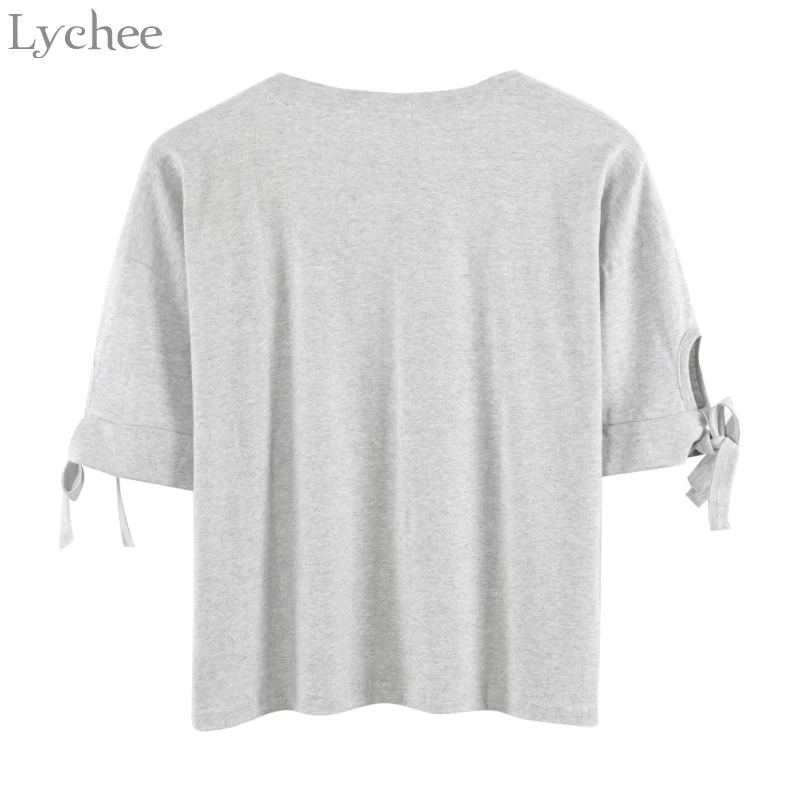 Милая Летняя женская футболка Lychee с принтом мультяшного дома на шнуровке