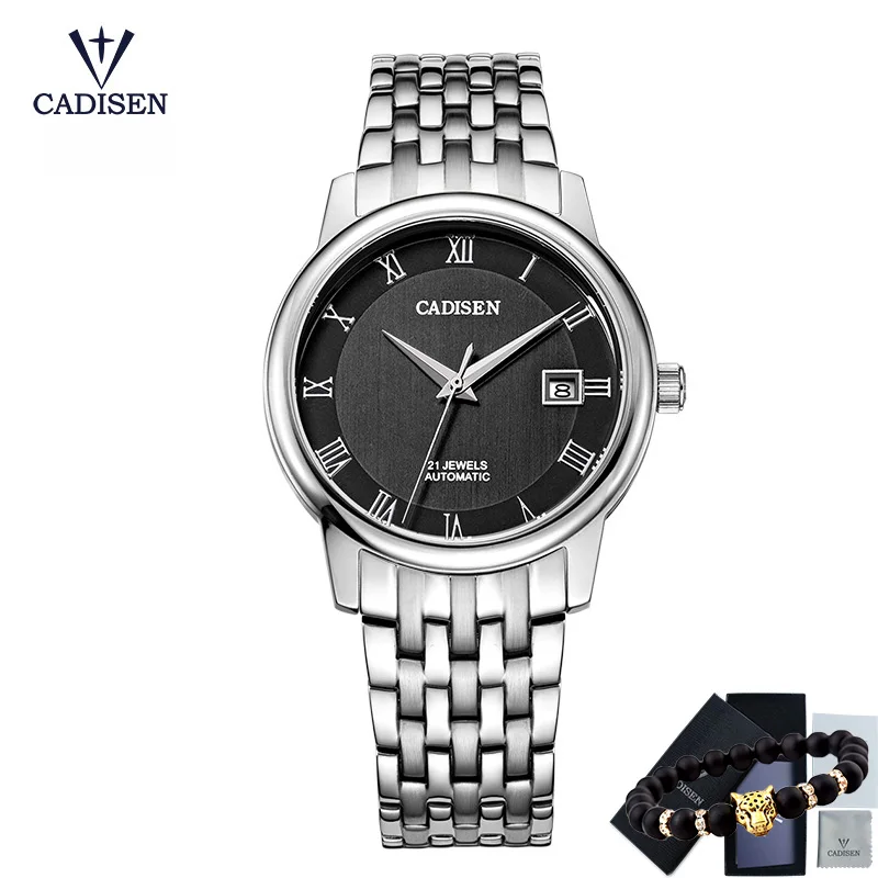 silver black CADISEN Мужские механические часы автоматические часы мужские классические деловые часы мужские роскошные брендовые водонепроницаемые часы Reloj Hombre - Цвет: silver black