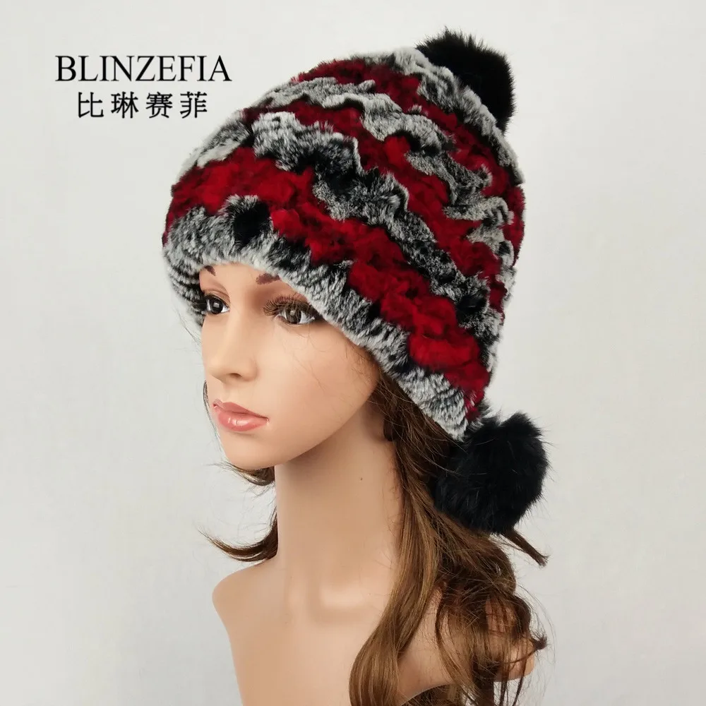 BLINZEFIA вязаные настоящий мех кролика зимние женские головные уборы теплые с