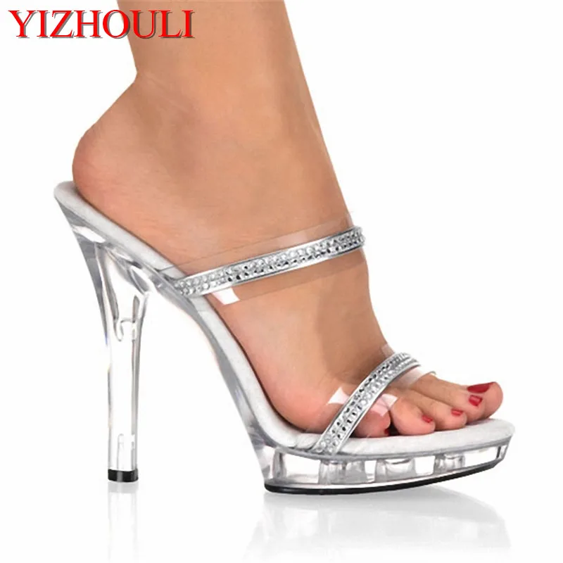 

Party pole dancing crystal shoes, 13 cm sexy high heels, sequins decorate the banquet stage show slippers