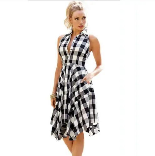 

Women Summer Dress 2019 Fashion Vintage Sleeveless Plaid Print Irregular Party Dress Elegant Dresses Vestido