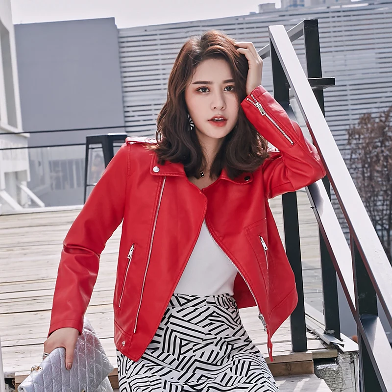 

2019 Women Red Leather Jacket New Spring Autumn Zipper Punk Style Biker Faux Leahter Coats Ladies Fashion Clothes Moto Jackets