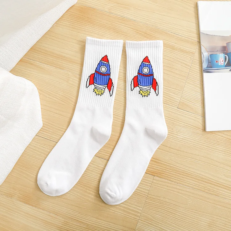 Rocket white Женские Носки с рисунком банана, курицы, ноги кактуса, пистолет, ракета, бомба, Забавные милые женские розовые хлопковые носки в стиле Харадзюку на осень и зиму - Цвет: Rocket white