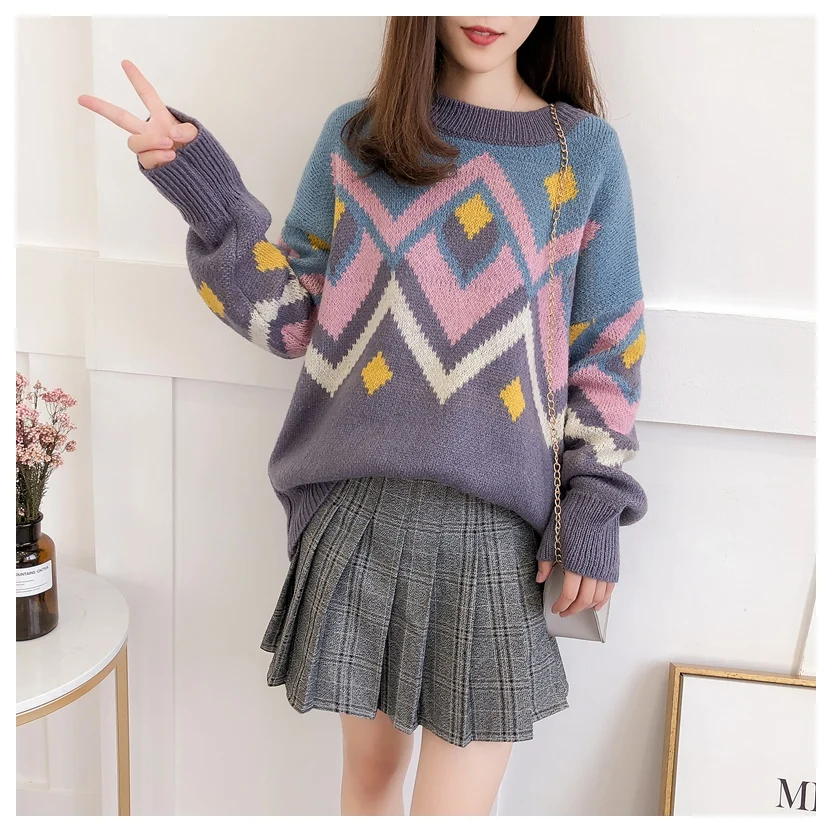 H. SA 2018 женский зимний свитер и пуловеры винтажный Geomertric Pull Jumpers Argyle милый