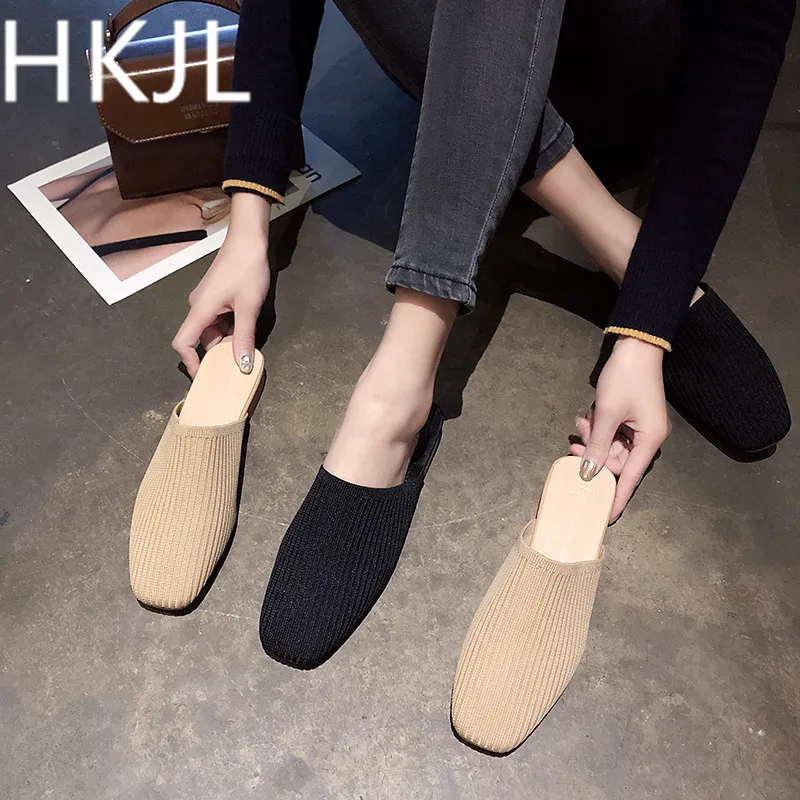 HKJL/шлепанцы с летящим переплетением г. Новые стильные летние женские туфли на низком квадратном каблуке однотонные сандалии baotou A241