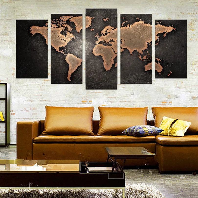 5 шт./компл. коричневые карты мира напечатанные на холсте картины современные