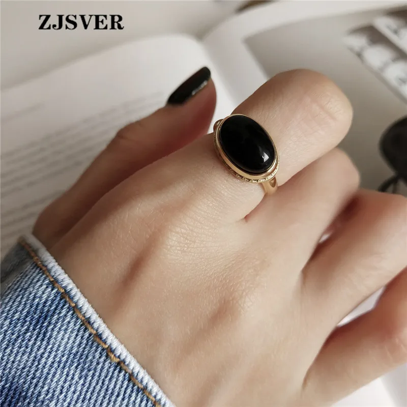 ZJSVER Korean Jewelry 925 Sterling Silver Ring Golden Retro Elliptical Black Agate Adjustable Women Rings For Festival Present | Украшения
