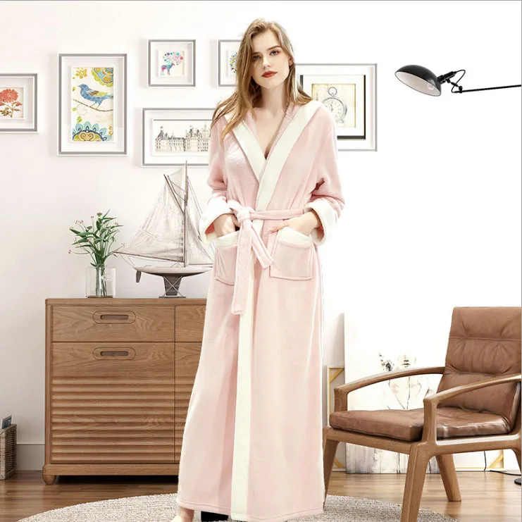 CAVME Hooded Pink 3 Зима, длинный халат с капюшоном размера плюс, 100 кг, плотный теплый халат для женщин, длинное кимоно, логотип на заказ - Цвет: CAVME Hooded Pink 3