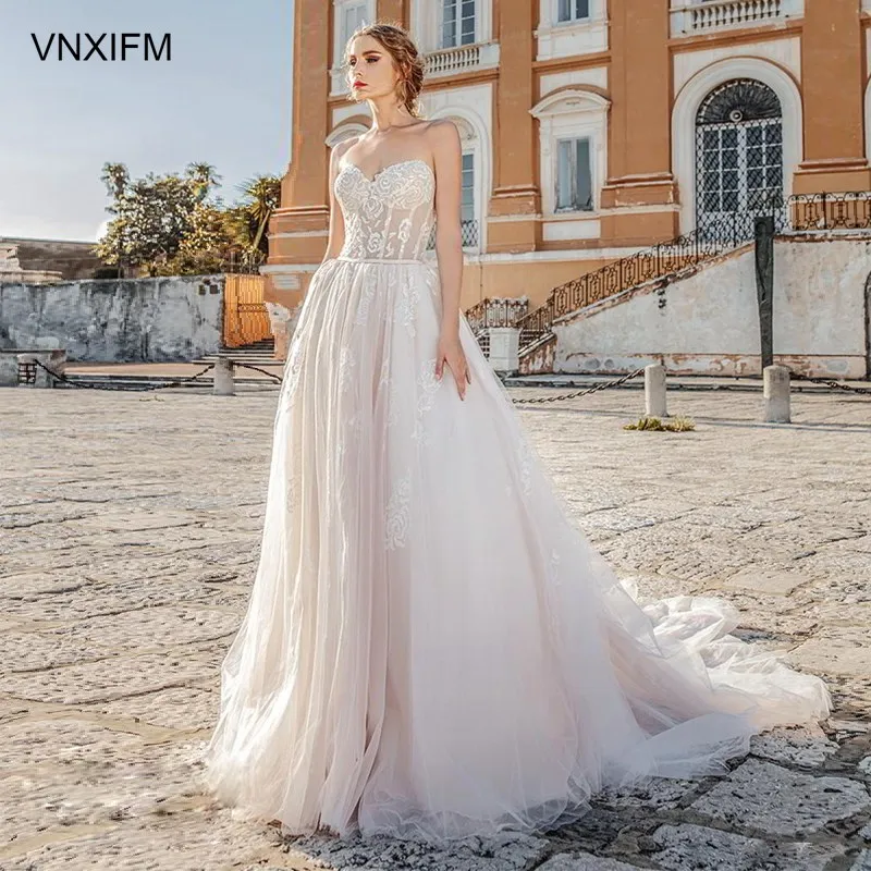 VNXIFM 2019-bridal-strapless-sweetheart-neckline-heavily-bodice-romantic-blush-a-line-wedding-dress-mid-back-chapel-train | Свадьбы и