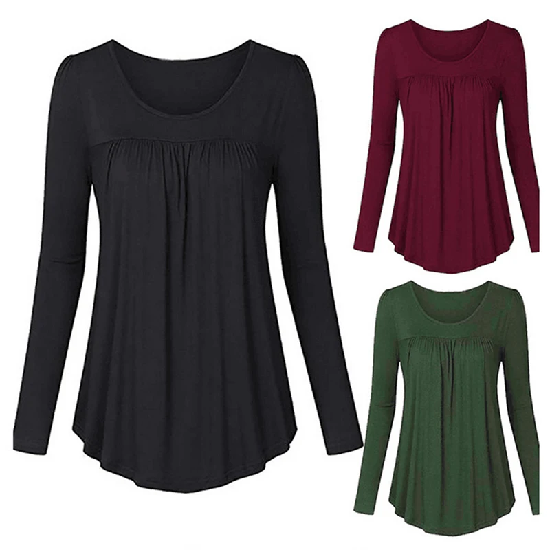 Весна осень чистый цвет женские футболки с длинным рукавом драпированные тонкие