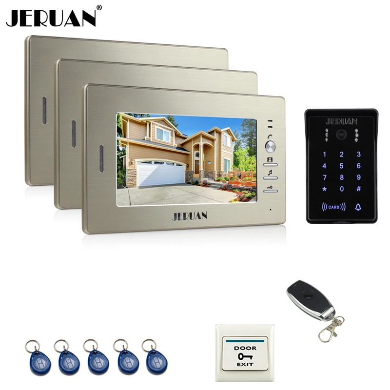 JERUAN новый 7 дюймов ЖК-дисплей видео домофон 3 монитора RFID водонепроницаемый