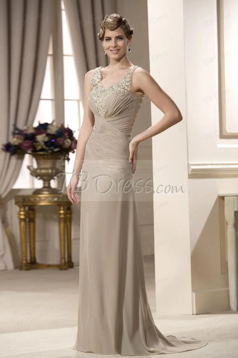 fashion 2015-Charming Sheath/Column Pleated Applique Beading Lace Floor-length V-Neck Mother of the Bride Dress | Свадьбы и