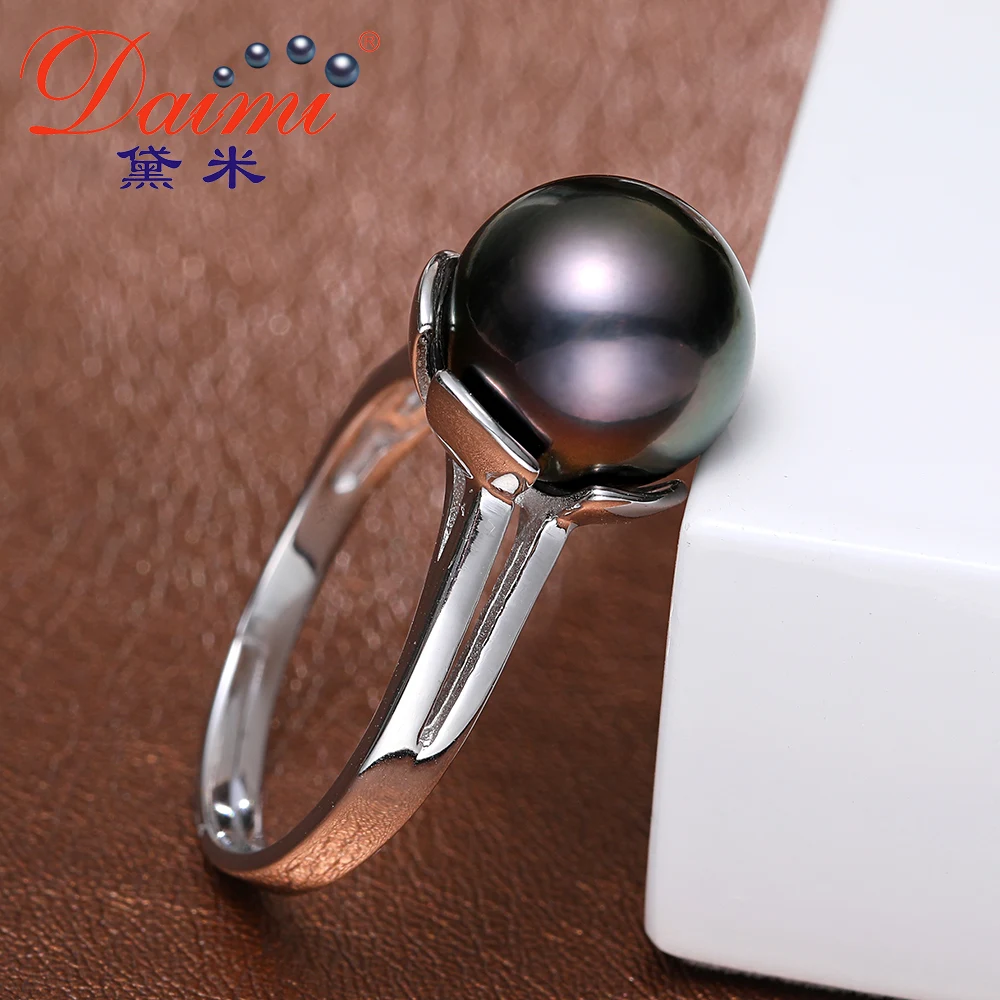 DAIMI 10-11mm Black Natural Tahitian Pearl Jewelry 925 Sterling Silver Ring for women cubic zirconia ring christmas gifts | Украшения и