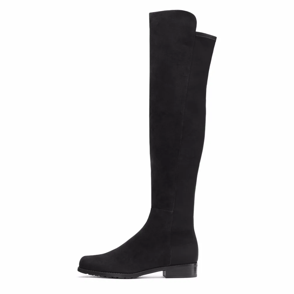 Blue Lycra Mixed Faux Suede Flat Woman Knee Boots Ladies Boots  Round Toe Slip On Winter Keep Warm Long Boots With Stretching