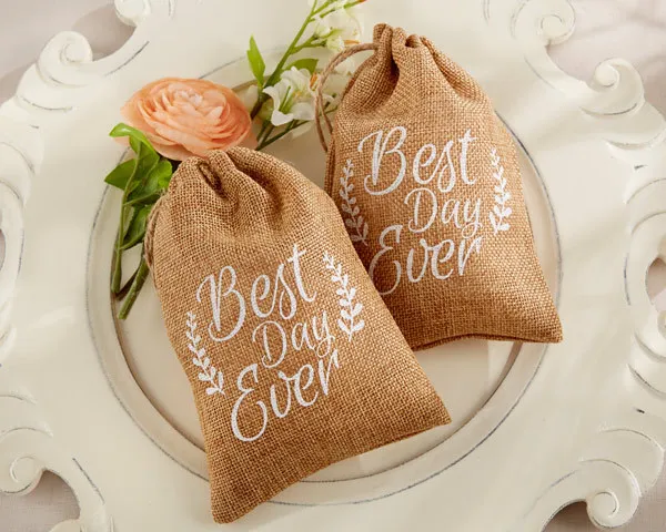 

wedding sweet favor bag -- Best day ever colored rustic mini burlap cloth drawstring party muslin candy favor gift bag 50pcs/lot