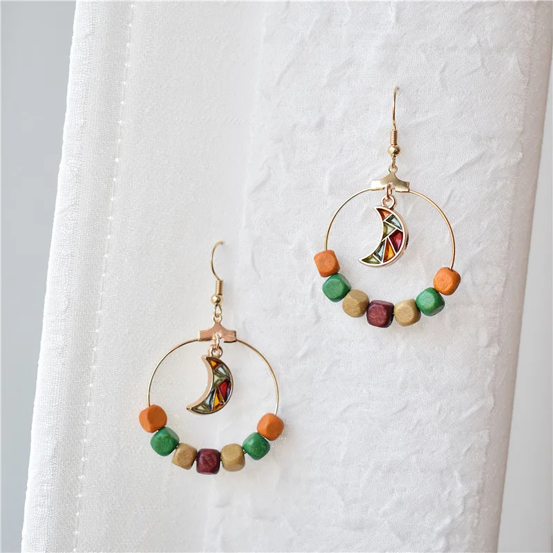 Простой сырая древесина старинные красочные Moon Геометрия Круглый Длинные