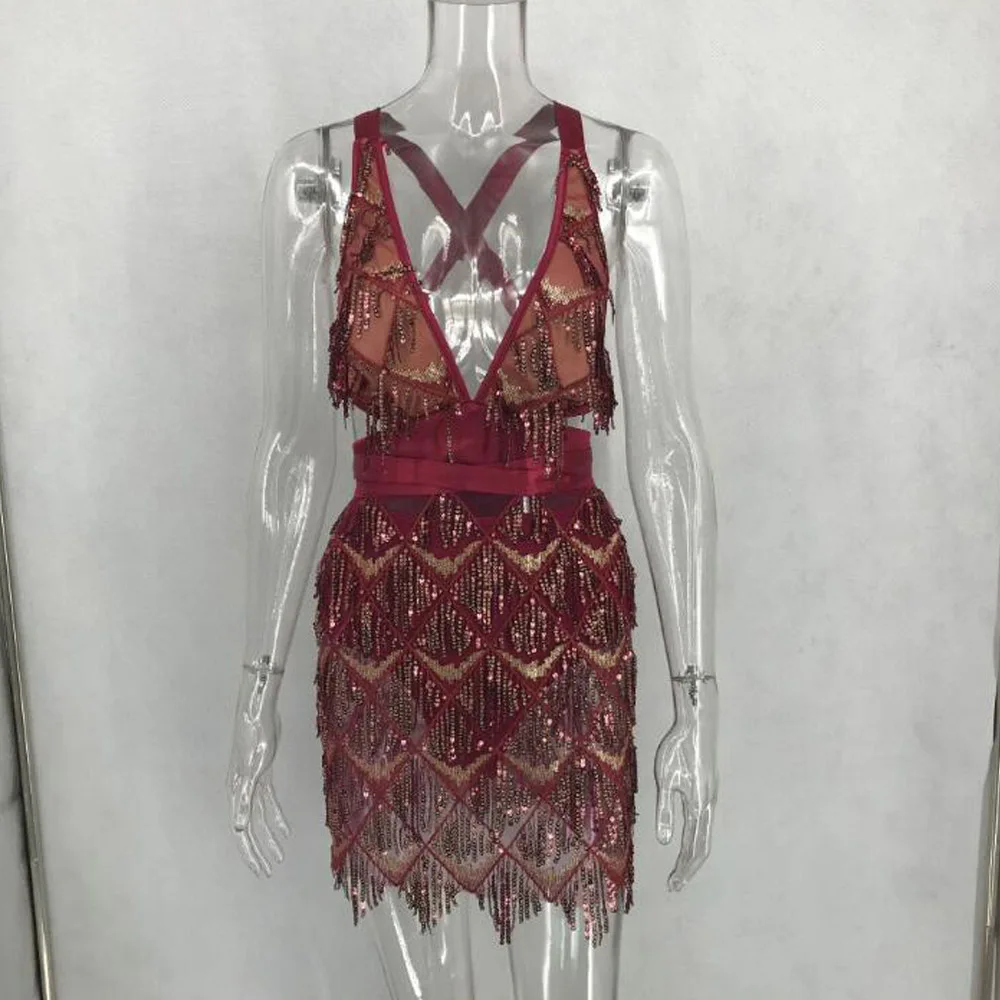 Женское вечернее платье с глубоким v-образным вырезом и кисточками Клубная