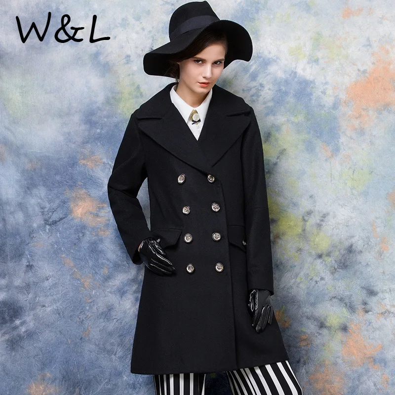 2017 зимнее шерстяное пальто женский черный теплые отложным длинные Куртки