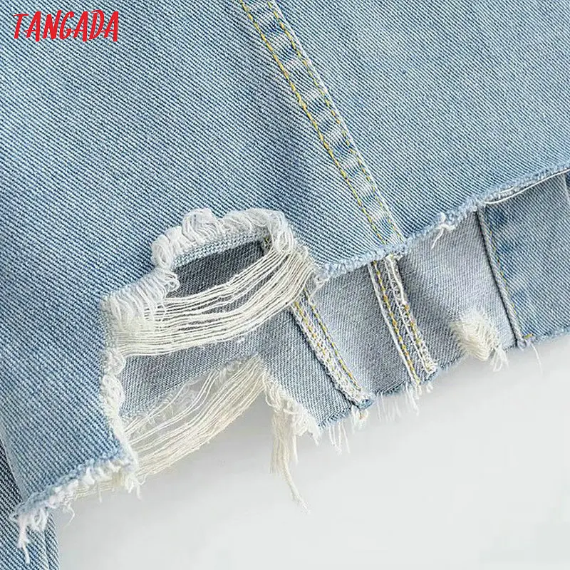 Tangada Мода женские джинсовые куртки с дырками женское синее короткое джинсовое пальто карманная брендовая Дизайнерская одежда FN26
