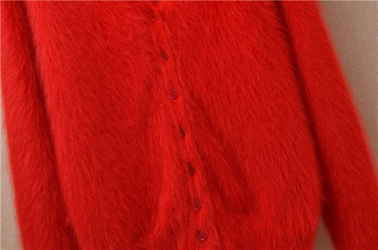 Ladies women autumn red christmas small size plush angora rabbit fur knitted V-neck long sleeves cardigans sweater coat winter |