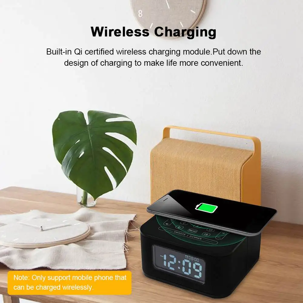 Bluetooth колонка/Беспроводное зарядное устройство/FM радио/будильник/USB порт