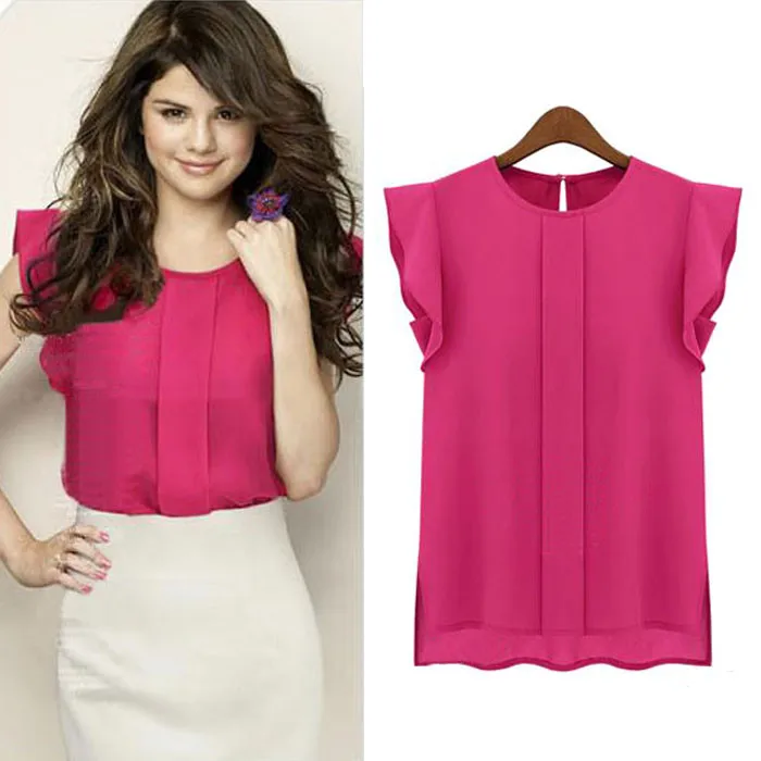 

25#Women Chiffon Blouse Solid Plus Size Casual Loose Ruffles Short Tulip Sleeve Blouse Summer O Neck Aesthetic Shirt Tops blusas