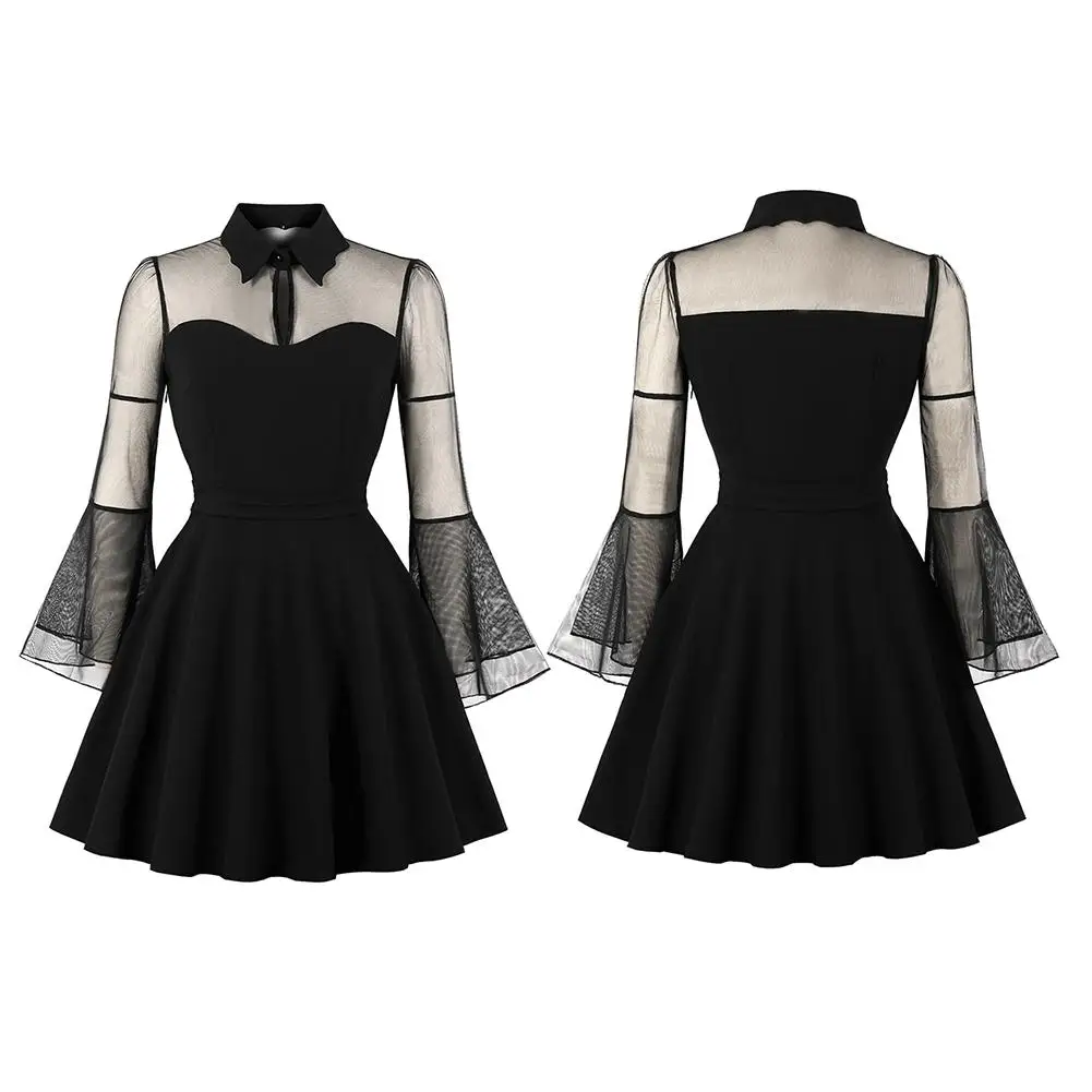 Хэллоуин большой размер мини платье сетка Труба рукава клеш Винтаж Платье черное