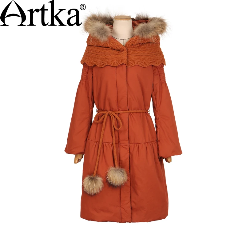 ARTKA, женские зимние парки, мех енота, с капюшоном, зимняя куртка для женщин, рукав-фонарик, толстое теплое длинное пальто с поясом, MA10152D