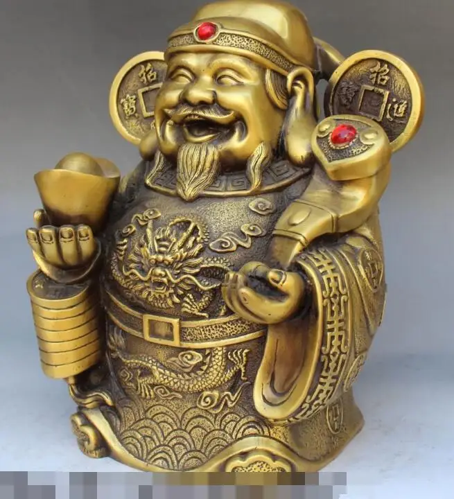 S4819 11&quot Chinese Bronze Stand Dragon Mammon God Wealth Money Yuanbao Ru Yi Statue | Дом и сад