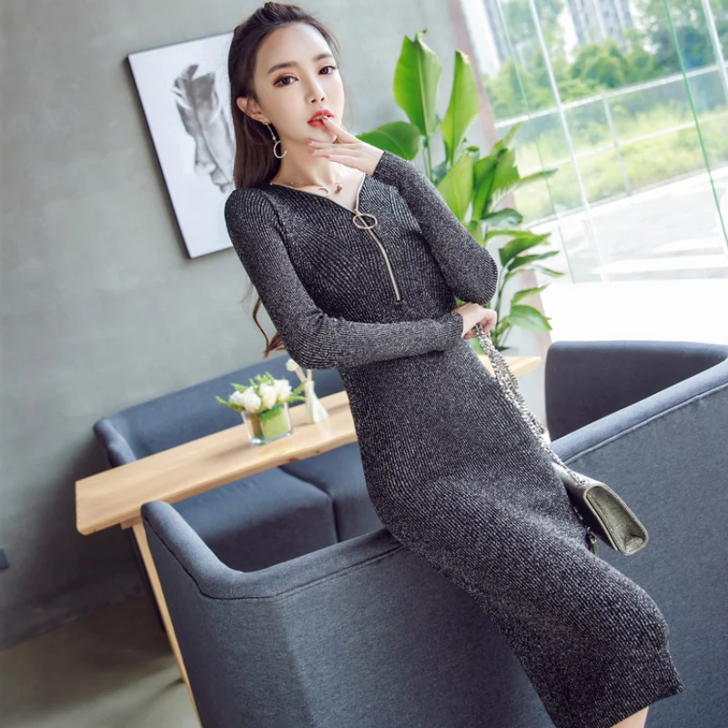Женское трикотажное платье свитер с V образным вырезом на молнии|sweater dress|dress