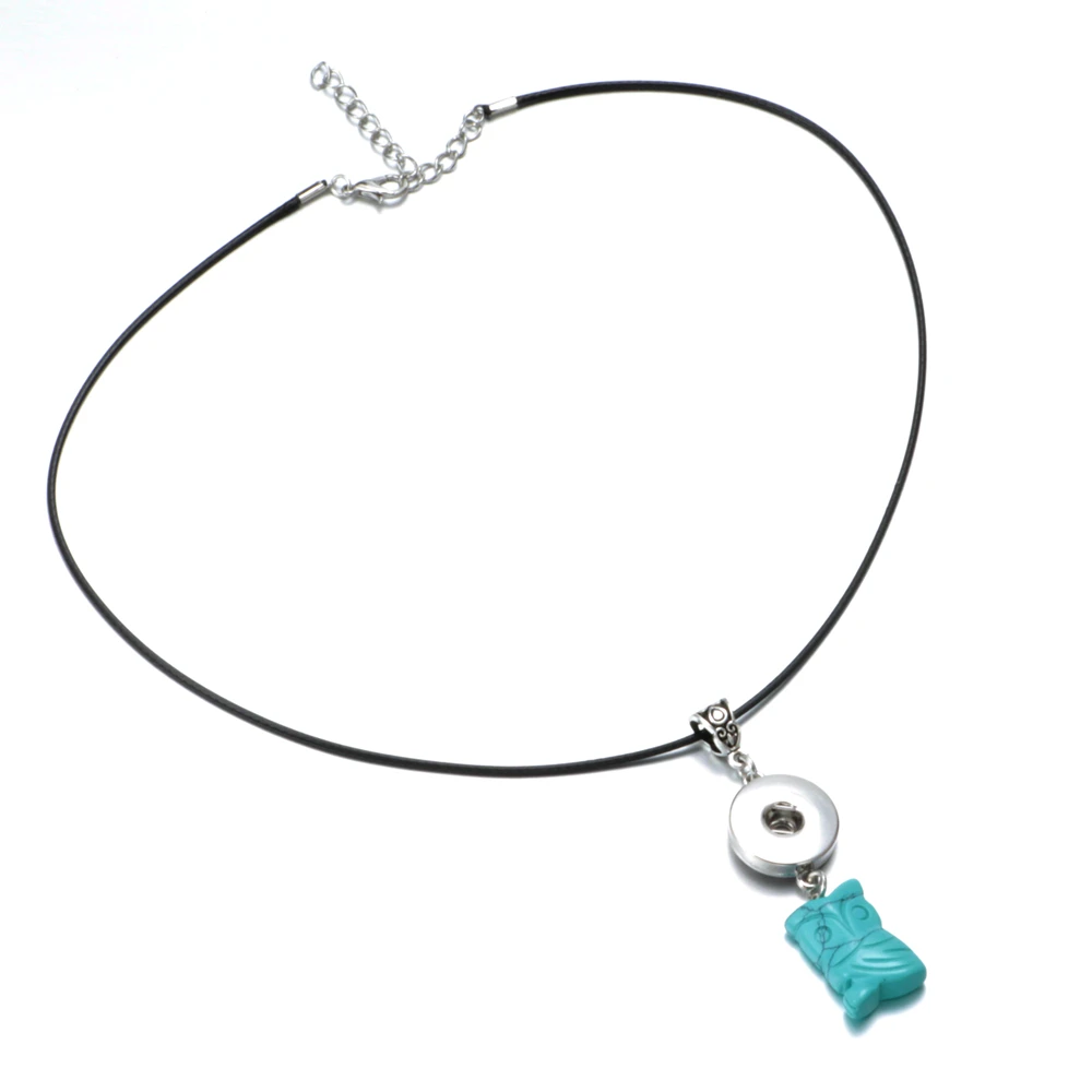 DZ1722a High quality Blue leather Necklace Fit 18mm Snap Button Owl Pendant Snaps Jewelry|snap jewelry pendant|snap button pendantsowl snap necklaces
