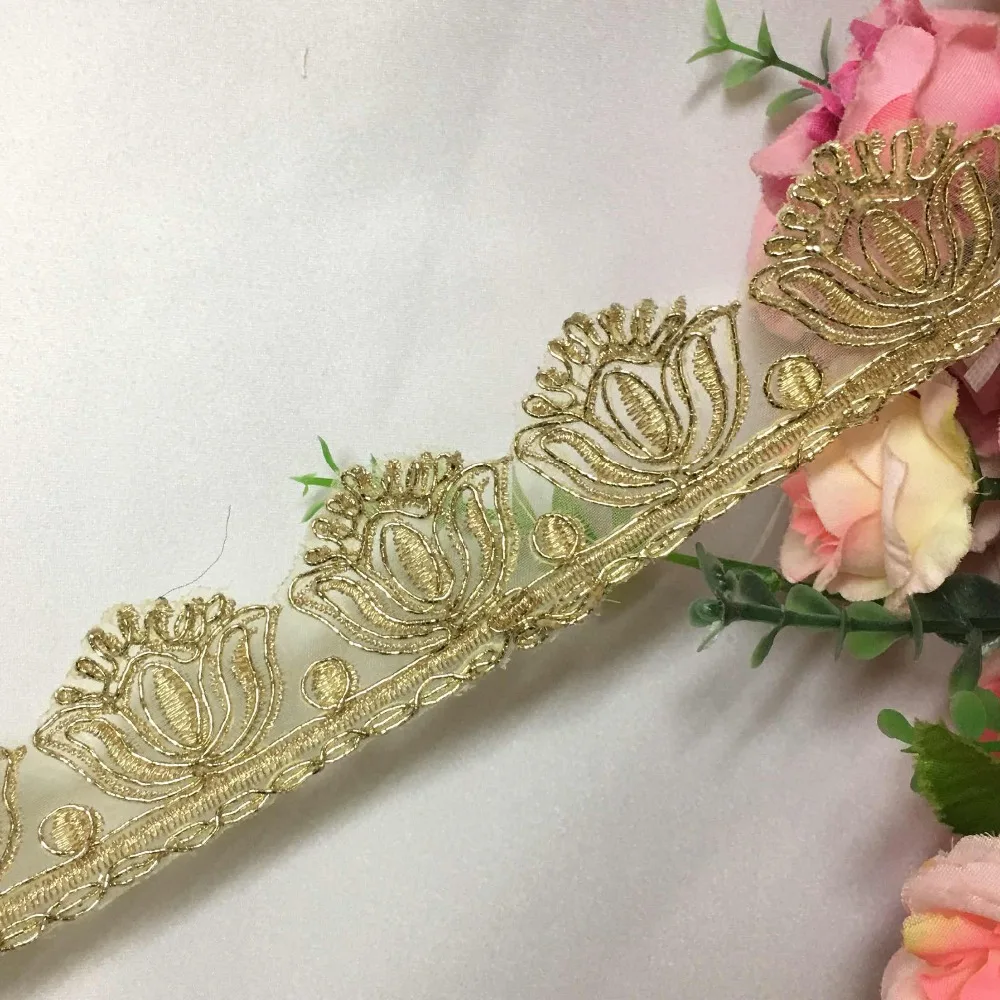5 ярдов винтажная золотая металлическая Свадебная кружевная кромка с вышивкой