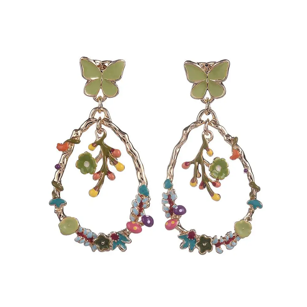 Flower Dangle Earring Drop Statement Earrings Woman Butterfiles Women's Hanging Enamel Butterfly Geometric Jewelry for Girls - Окраска металла: green