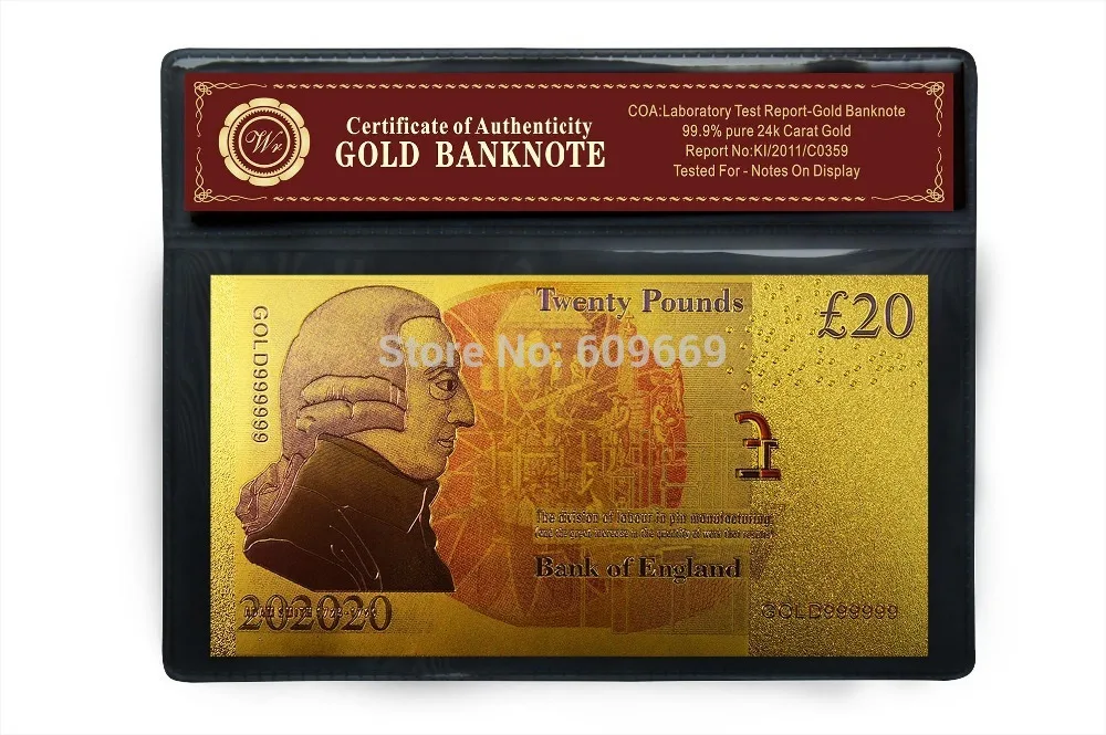 Цветная британская Золотая банкнота 20 фунтов + сертификат Новинка 1 шт.|gold