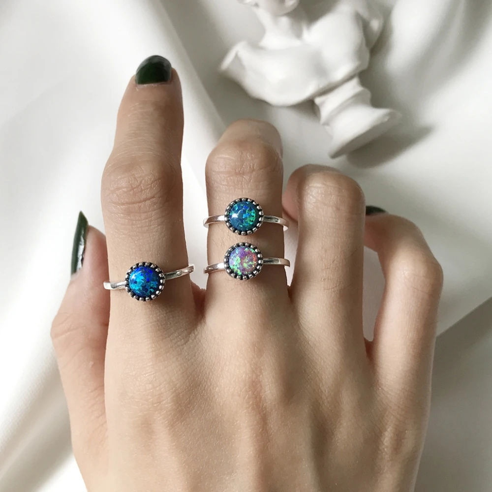 

925 Sterling Silver Vintage Retro Silver Round Opal Stone Ring Personalized Minimalist Diamond Halo Promise Ring Engagement Gift