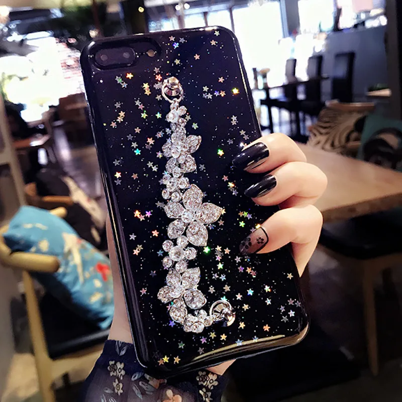 Сверкающий Блестящий бриллиантовый браслет с цветком и цепочкой блестящий