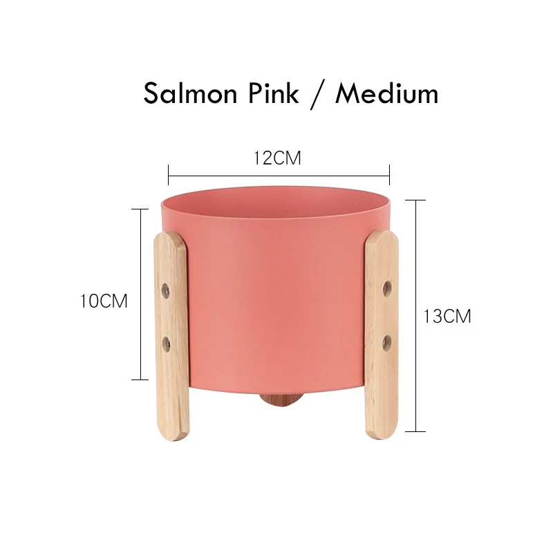 Salmon Pink M 1pc Macaron Color Flowerpot Iron Planter Pot with Wooden Stand Home Decor Craft Green Plant Pot with Hole - Цвет: Salmon Pink M