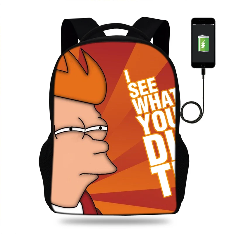 Студенческий школьный рюкзак аниме Futurama USB зарядка ноутбук для подростка большой